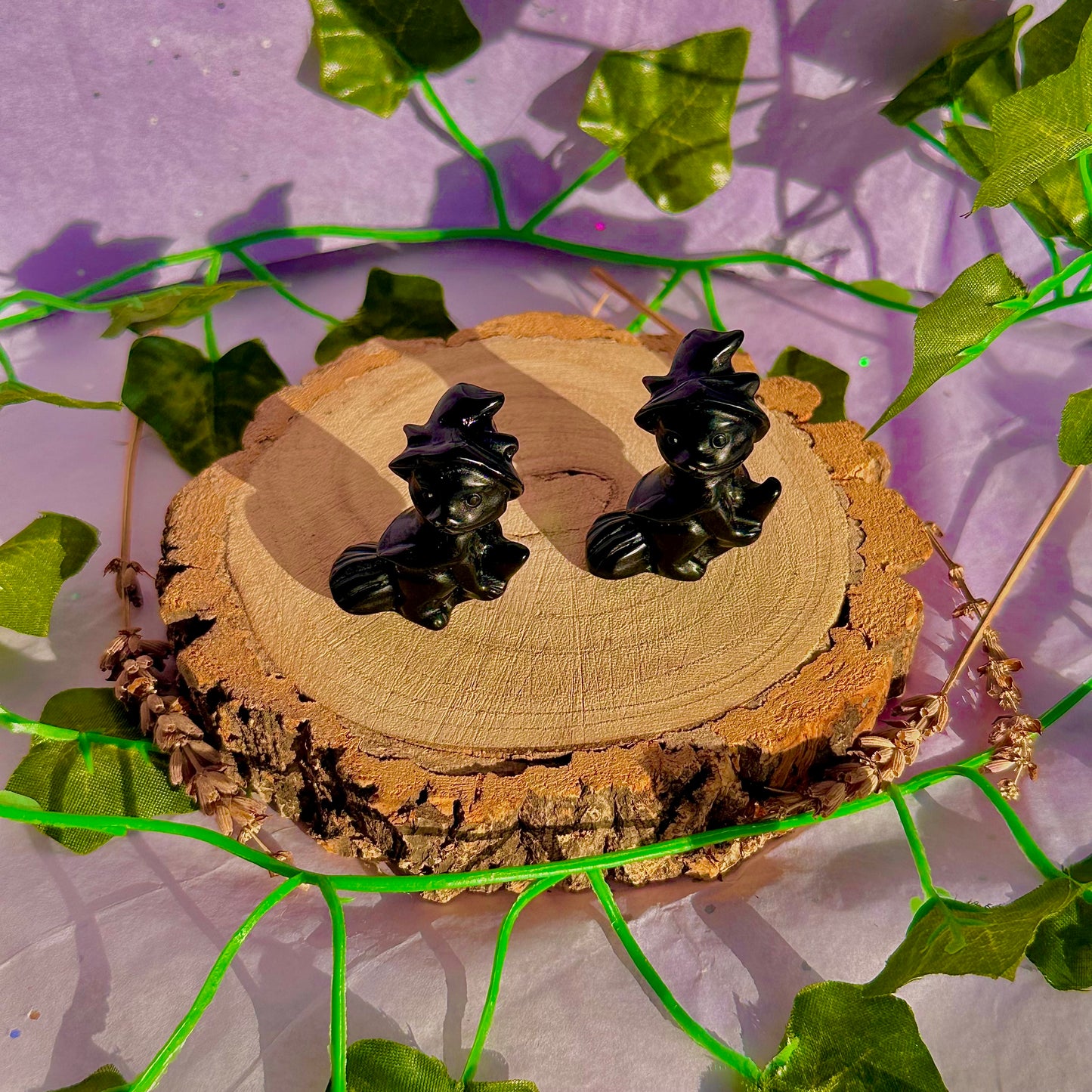 black obsidian cat on broom carving ~ intuitively chosen