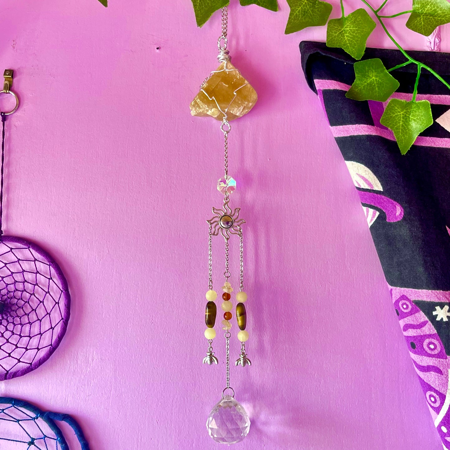 honey bee sun catcher - honey calcite, carnelian, tigers eye & calcite