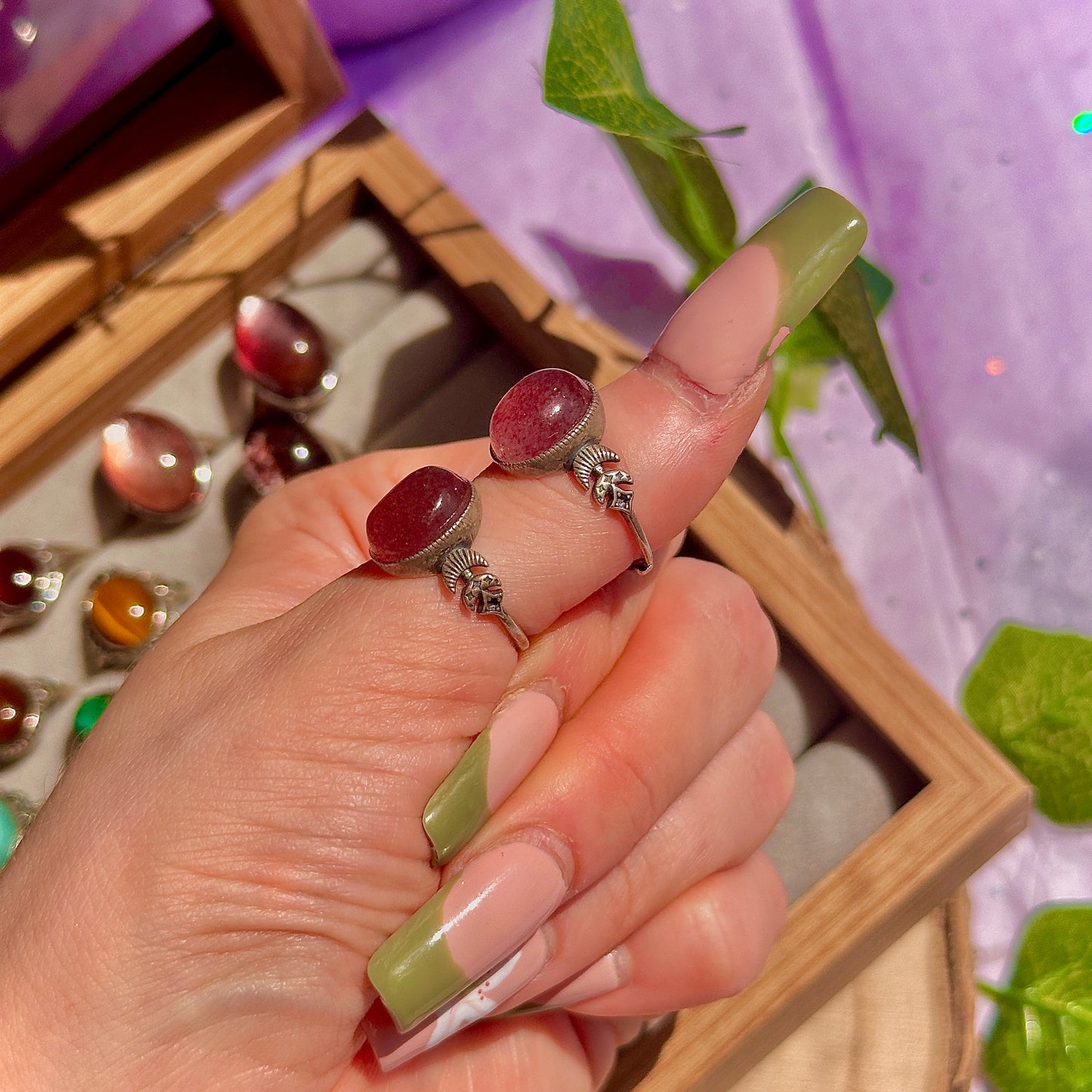 strawberry quartz 925 sterling silver adjustable ring ~ style b