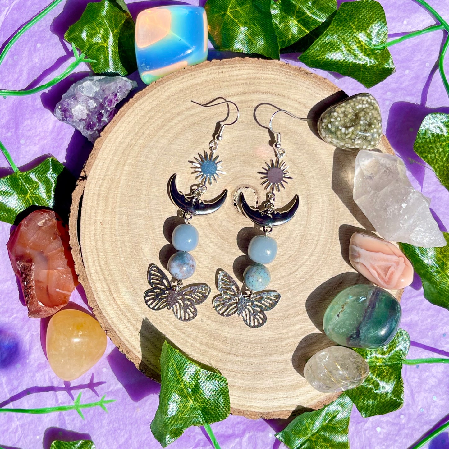 summer wings earrings - angelite & moss agate on 925 hooks