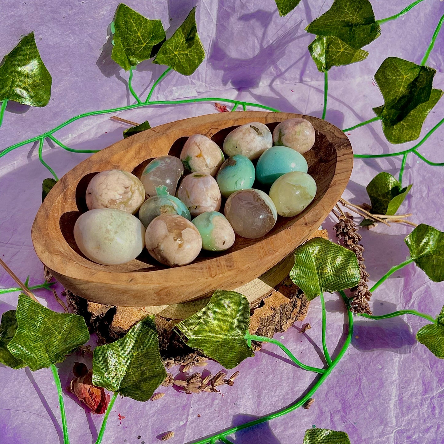 green flower agate tumbles