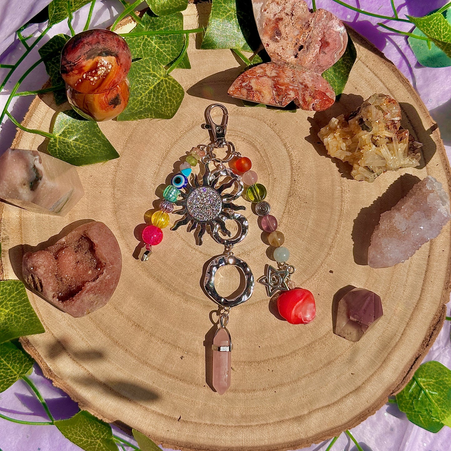 summer mixture bag charm ~ rose quartz, aquamarine, fluorite, lepidolite, peridot, citrine, blue howlite