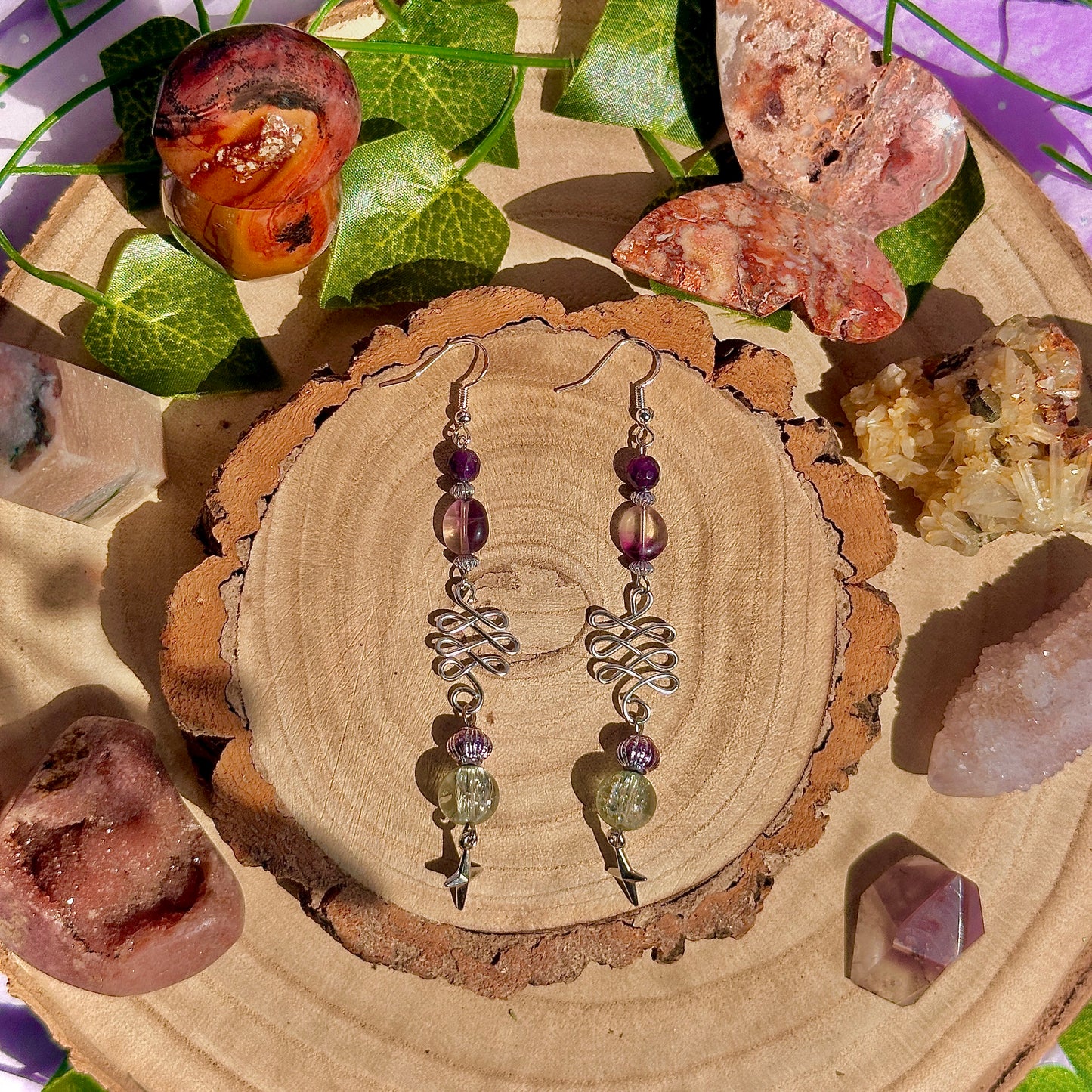 sunset lanterns earrings ~ amethyst, fluorite on 925 hooks