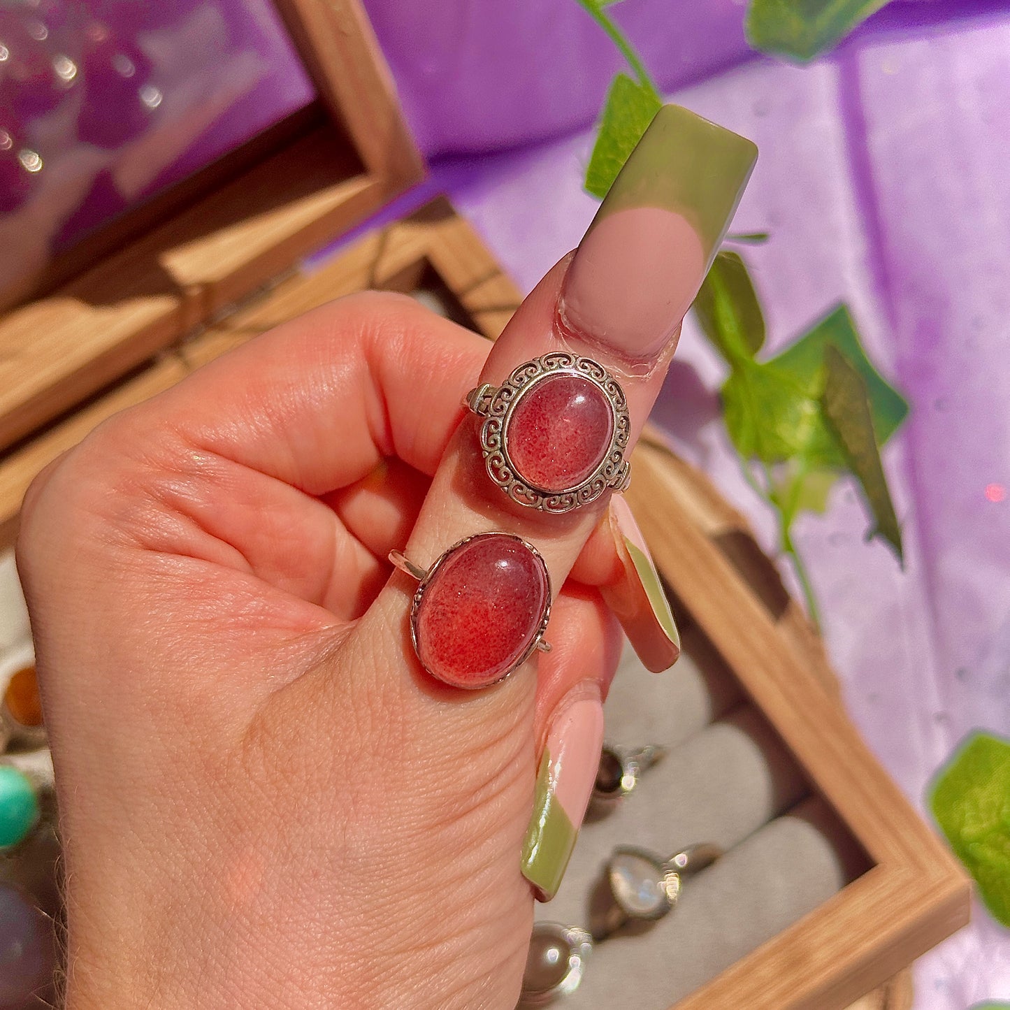 strawberry quartz 925 sterling silver adjustable ring ~ style a