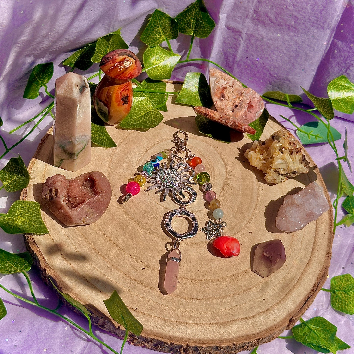 summer mixture bag charm ~ rose quartz, aquamarine, fluorite, lepidolite, peridot, citrine, blue howlite