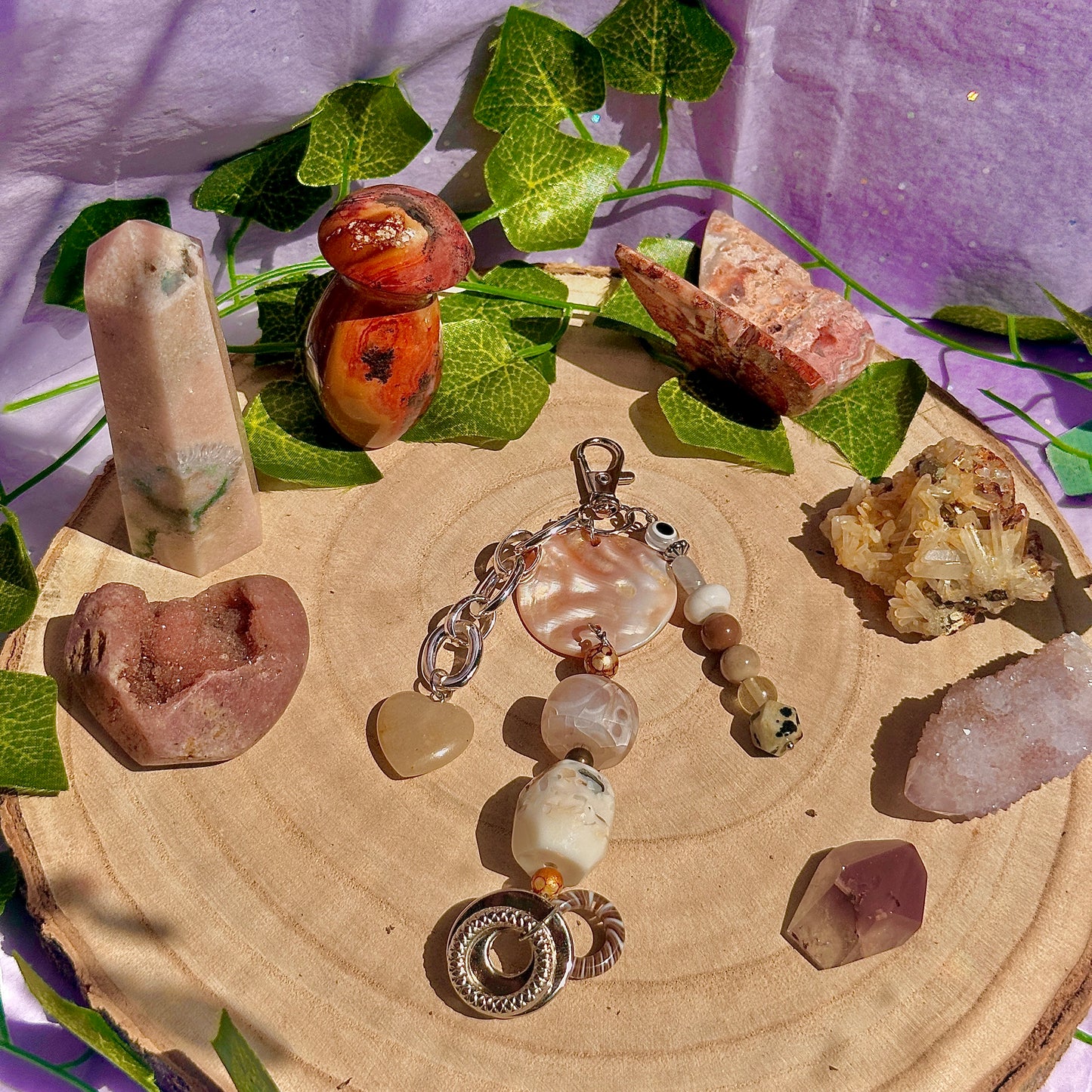 natural bag charm ~ dalmatian jasper, mookaite, ocean jasper, howlite, labradorite & orange aventurine