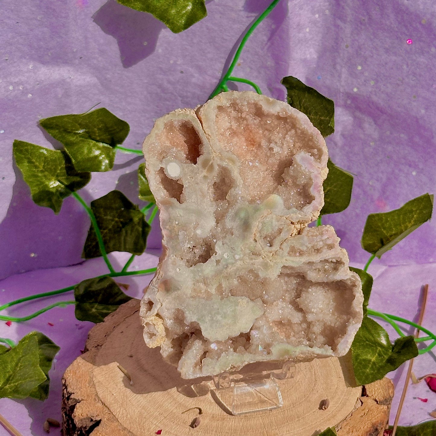 aura druzy quartz geode with stand