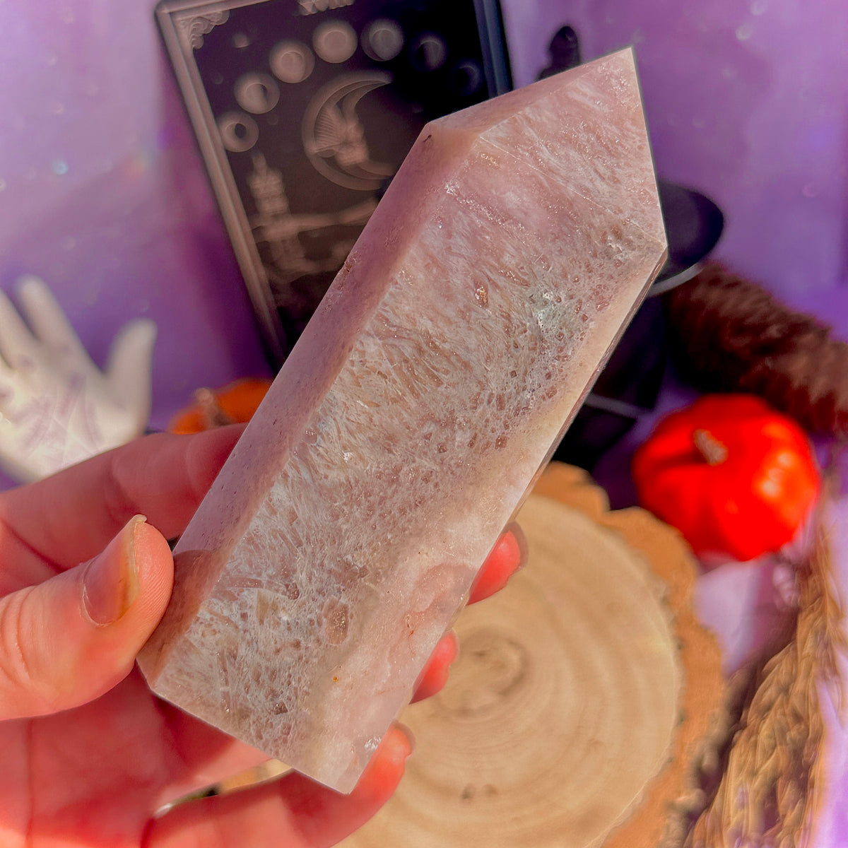 pink amethyst x flower agate chunky tower with dendrites
