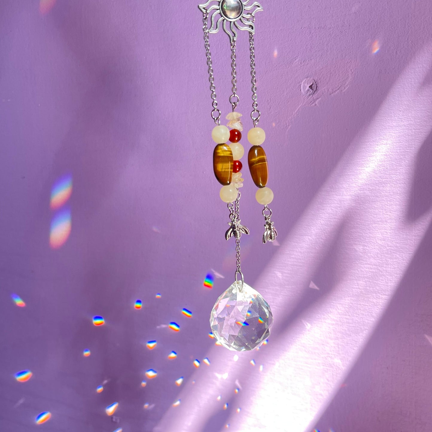 honey bee sun catcher - honey calcite, carnelian, tigers eye & calcite