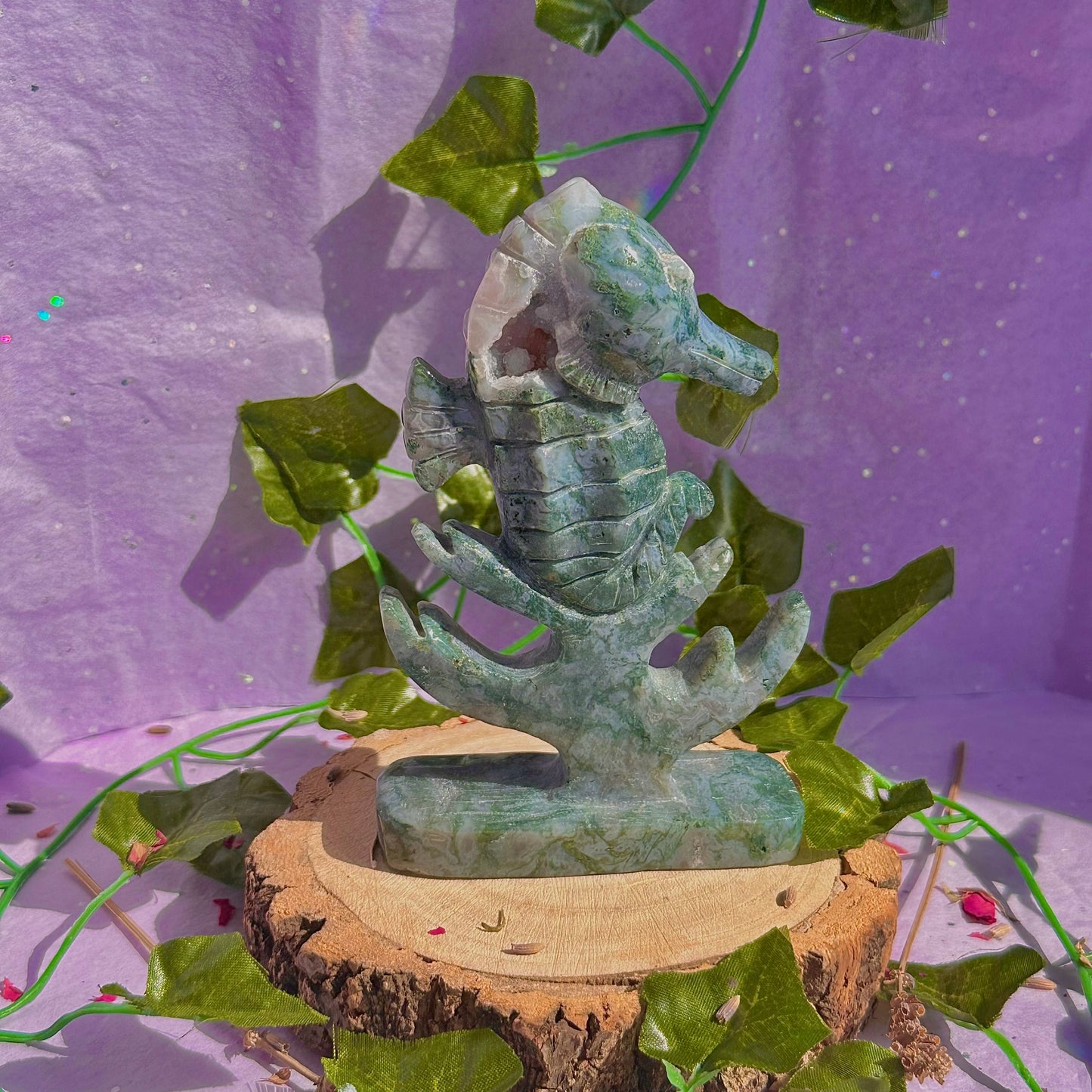 moss agate sea horse carving ~ self standing