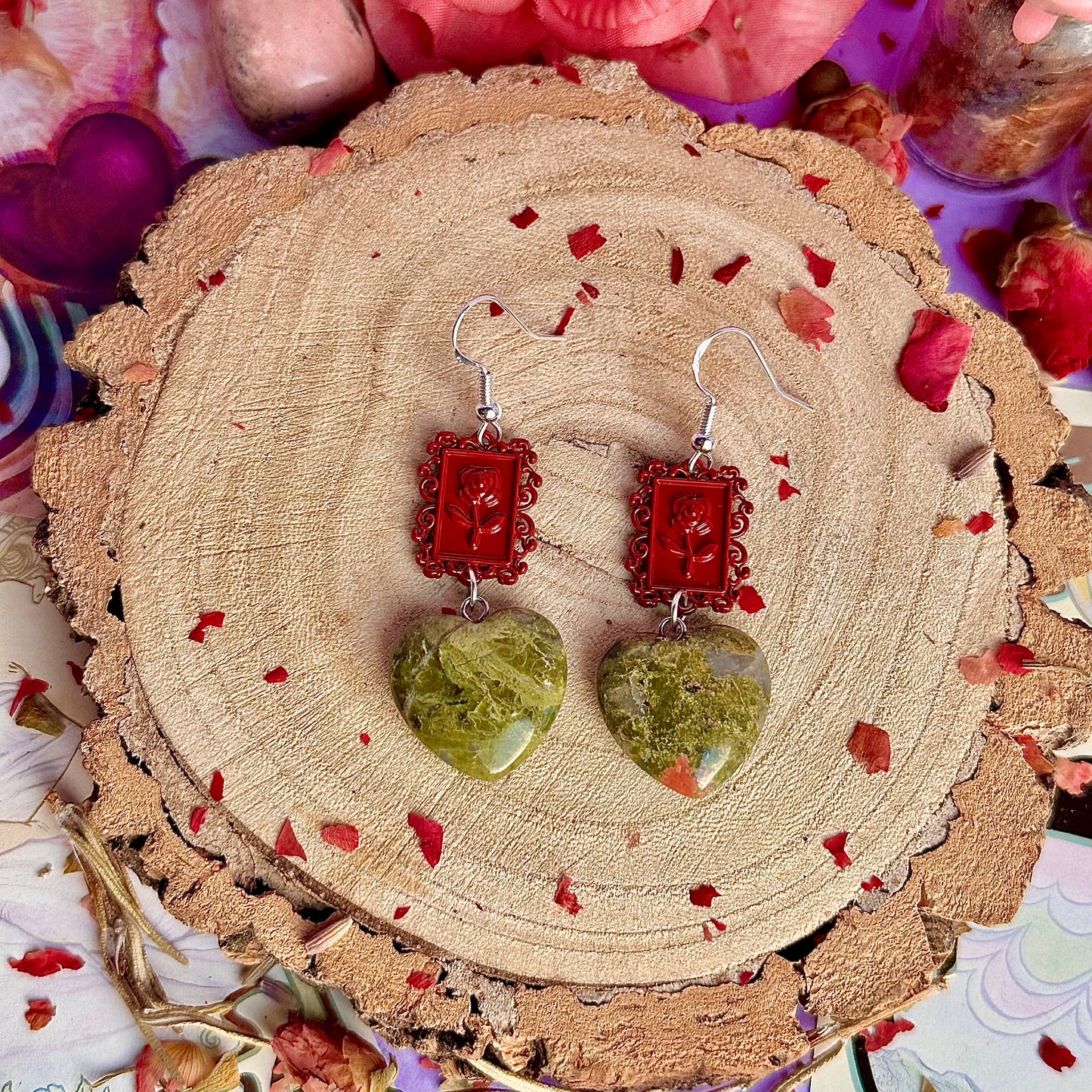 boucles d'oreilles cadre en unakite rose ~ argent massif sur crochets 925
