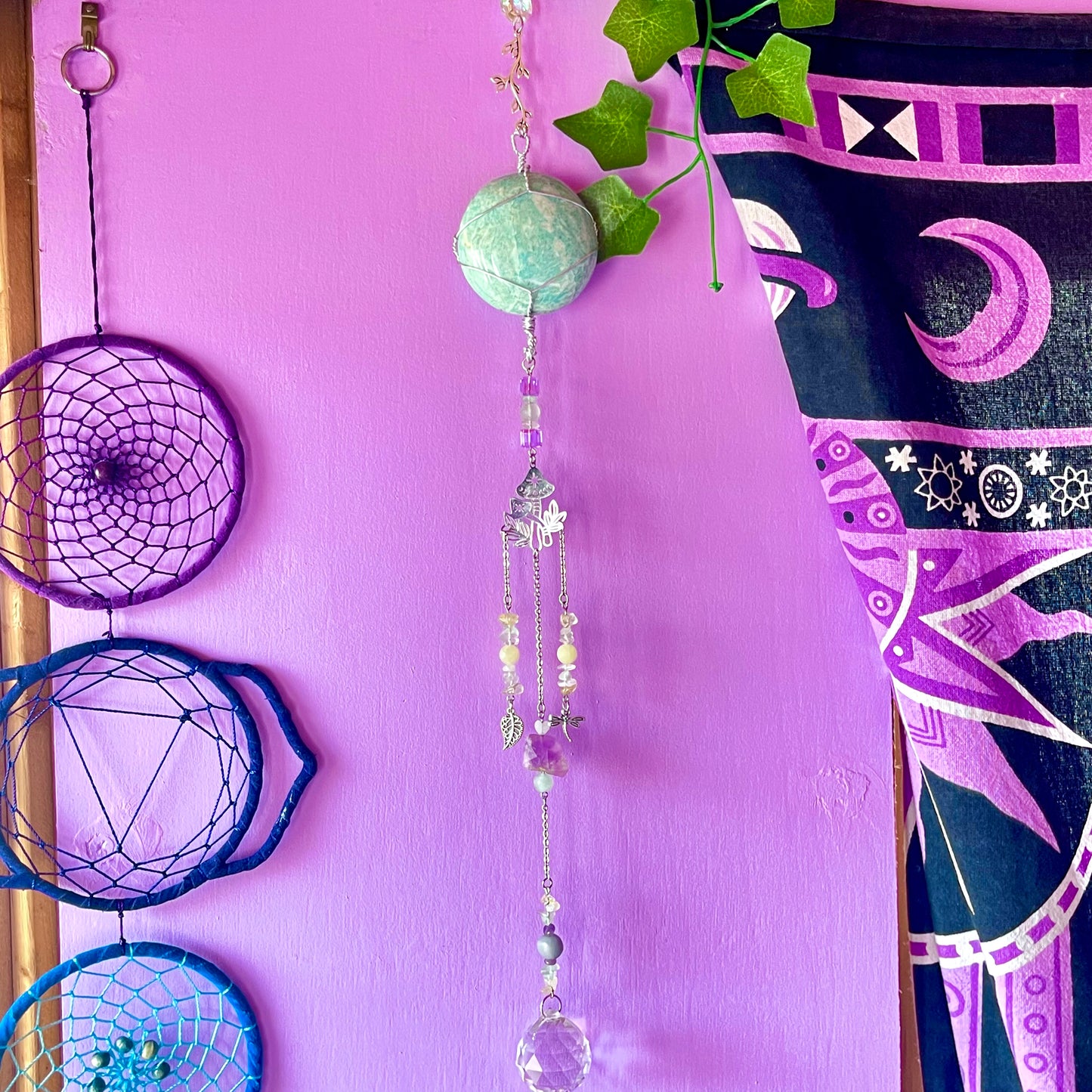 the magick tree sun catcher - amazonite, fluorite, amethyst, calcite, clear quartz, citrine & angelite