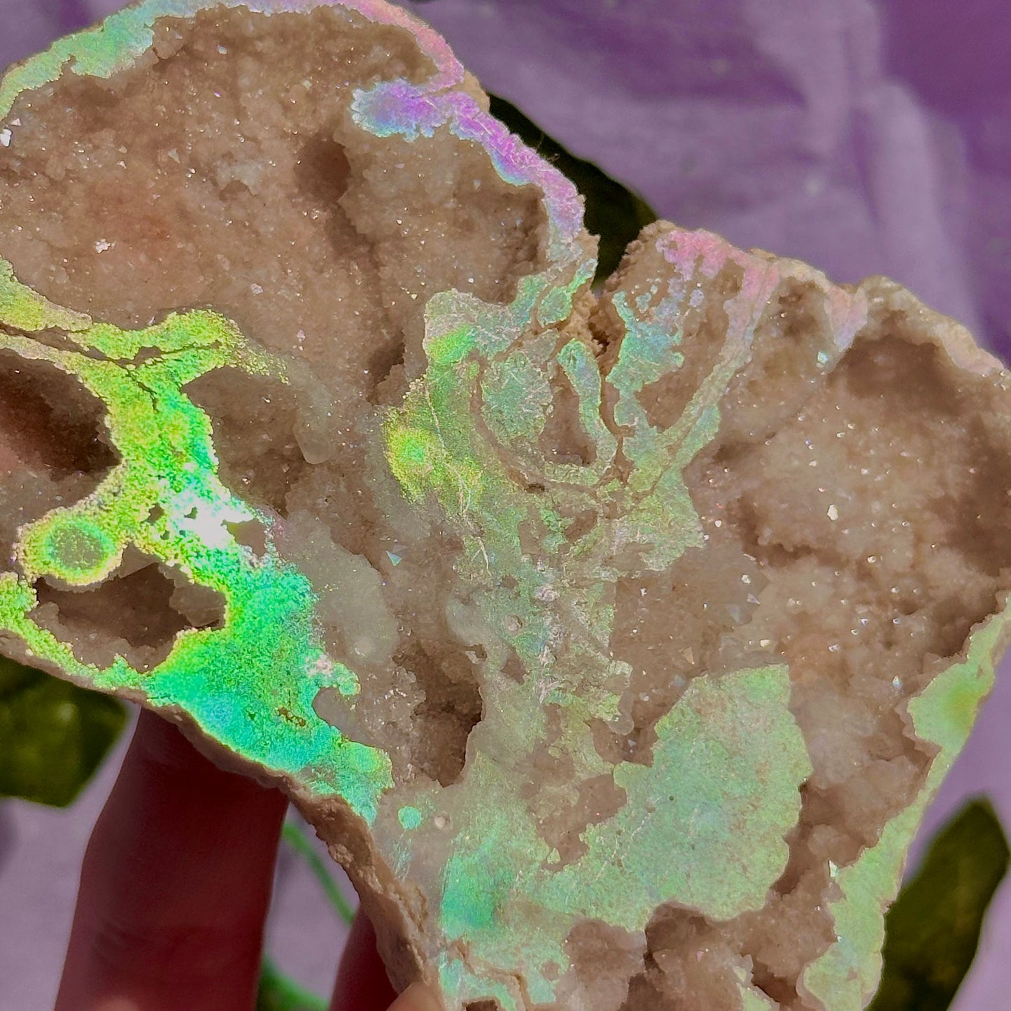 aura druzy quartz geode with stand