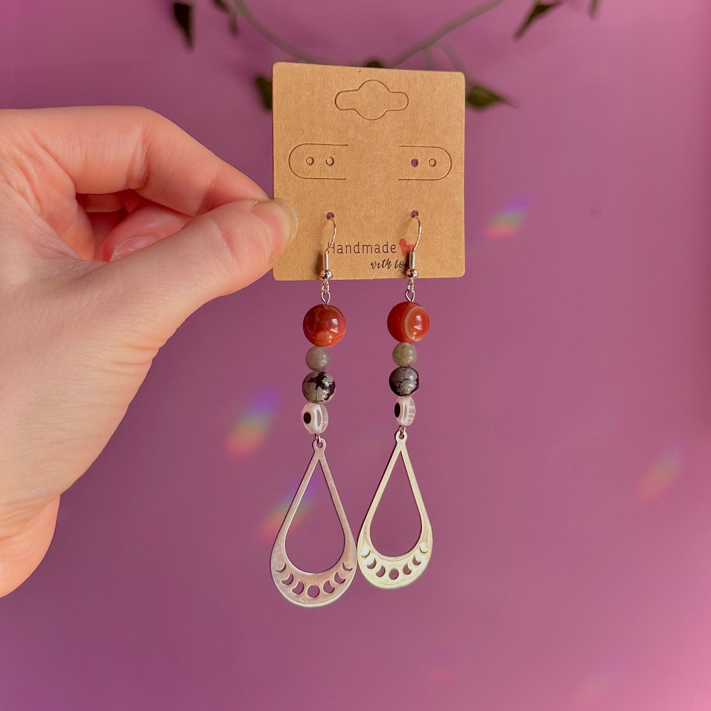 moon phase earrings on 925 hooks ~ carnelian, snowflake obsidian, labradorite
