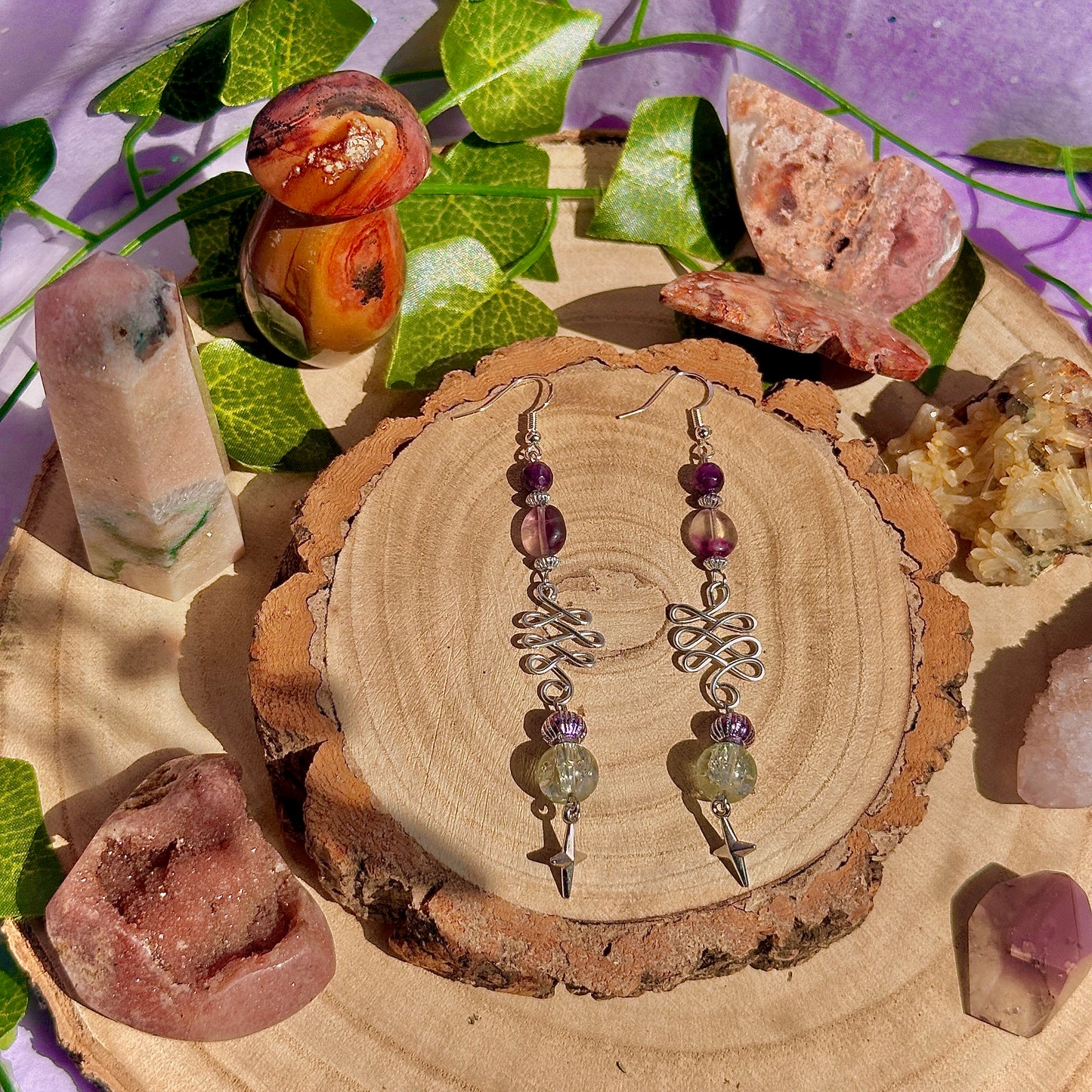 sunset lanterns earrings ~ amethyst, fluorite on 925 hooks