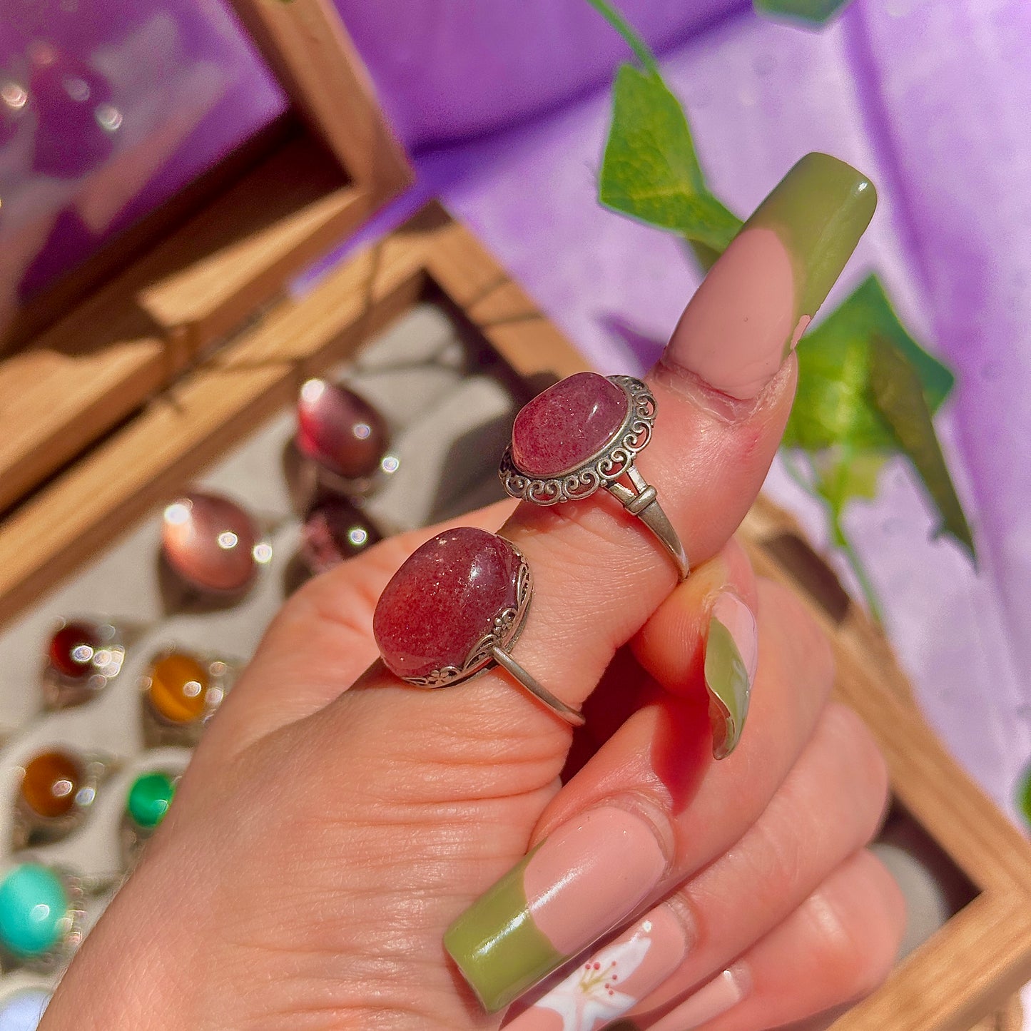 strawberry quartz 925 sterling silver adjustable ring ~ style a