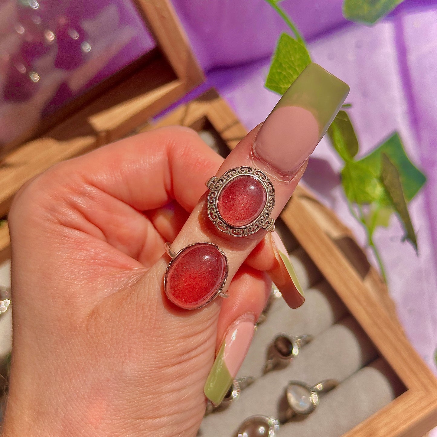 strawberry quartz 925 sterling silver adjustable ring ~ style a