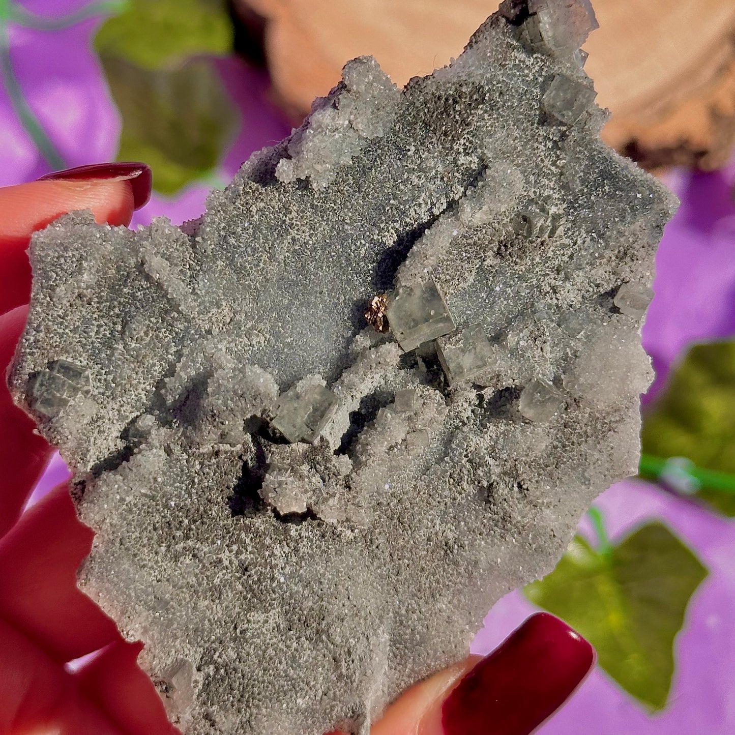 druzy quartz specimen with cubic fluorite & mini pyrite flower