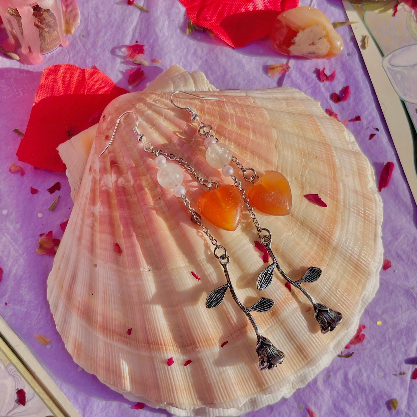 hearts & roses earrings on 925 sterling silver hooks ~ carnelian & rose quartz