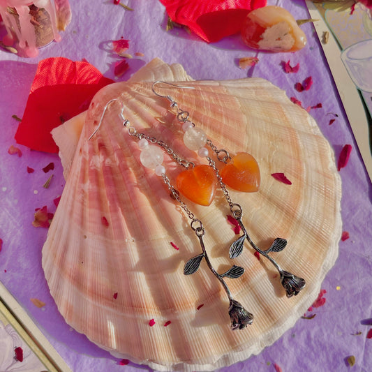 hearts & roses earrings on 925 sterling silver hooks ~ carnelian & rose quartz