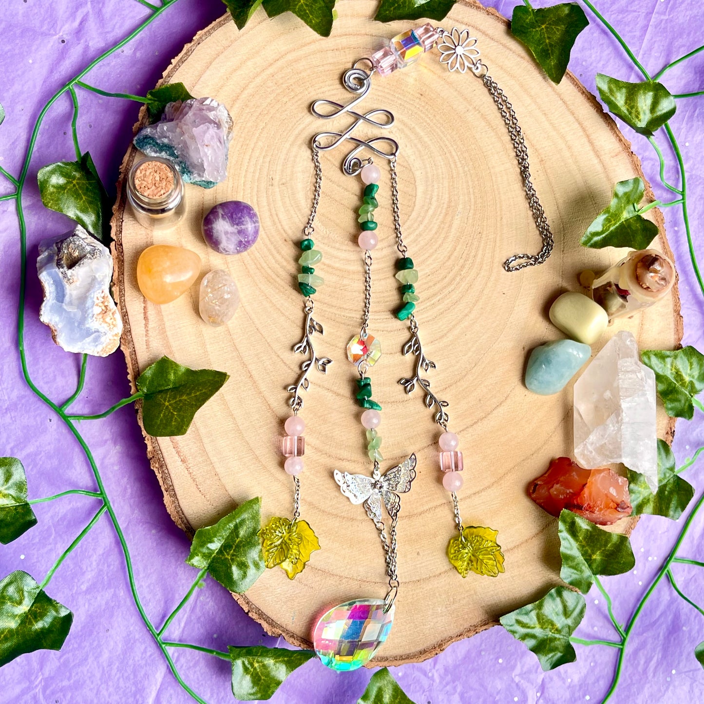 spring garden sun catcher - rose quartz, green aventurine & malachite